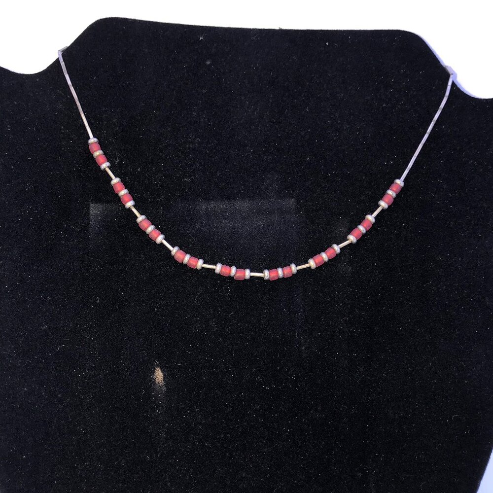 15 1/4" Frosted Orange Red and Silver Beaded Necklace